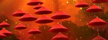 红色油纸伞很多把一起升空视频素材