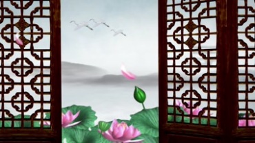 中国风窗户亭榭外荷花屏风Led视频素材