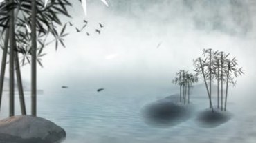 水墨画三三两两竹子湖中小岛竹叶飘落视频素材
