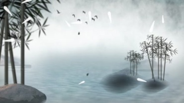 水墨画三三两两竹子湖中小岛竹叶飘落视频素材