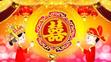 中式婚礼交杯酒喜字新郎新娘卡通形象视频素材