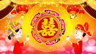 中式婚礼交杯酒喜字新郎新娘卡通形象视频素材