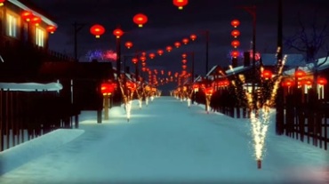 东北雪乡春节过年张灯结彩挂灯笼放烟花视频素材