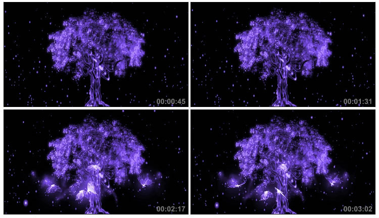 紫色梦幻光效背景大树水晶蝴蝶舞台视频素材