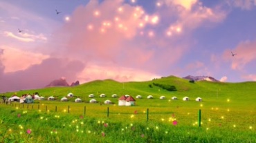 草原美丽风景，有蓝天白云蒙古包视频素材