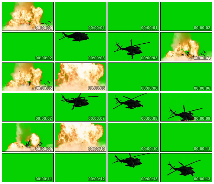 直升飞机坠落爆炸绿屏抠像特效视频素材