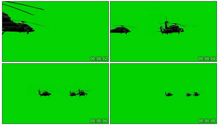武装直升飞机组队飞行绿屏抠像视频素材