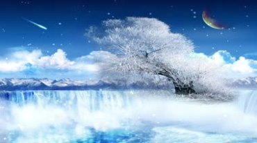 唯美瀑布雪花冰雪树蓝色夜空流星仙境视频素材