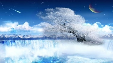 唯美瀑布雪花冰雪树蓝色夜空流星仙境视频素材
