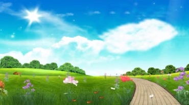 卡通童话小清新绿地草原绿树蓝天白云大自然视频素材
