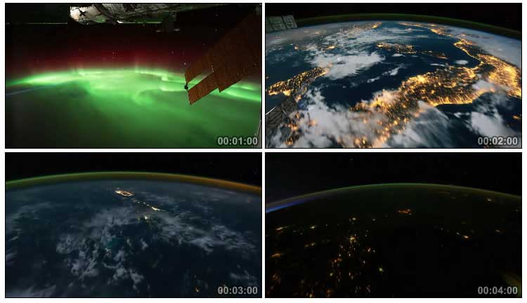 外太空空间站俯瞰地球极光城市灯光视频素材