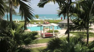 海边度假酒店游泳池大海沙滩椰子树视频素材