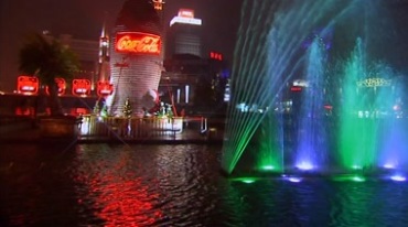 宁波夜景城市灯光七彩射灯音乐喷泉视频素材