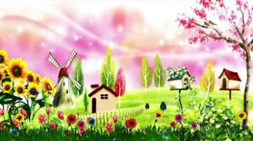 美丽卡通小木屋向日葵大风车鲜花蝴蝶村庄视频素材