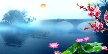 划船梦游竹海拱桥仙境荷花仙鹤水上雾气视频素材