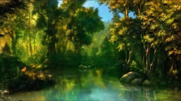 唯美树林森林河流粒子飘动风景视频素材