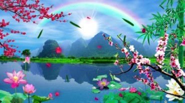 桂林山水彩虹太阳梅花竹子荷花美景视频素材