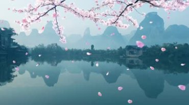 粉红花瓣飘落山水湖面远山美景视频素材
