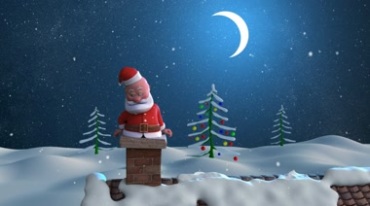 明月下的圣诞老人在屋顶爬烟筒送礼物卡通视频素材
