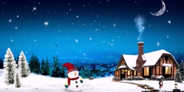 系着红围巾的圣诞雪人小木屋冒着炊烟温馨节日视频素材