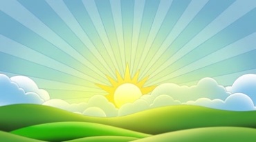 喜洋洋绿草原太阳升起来光芒四射卡通视频素材