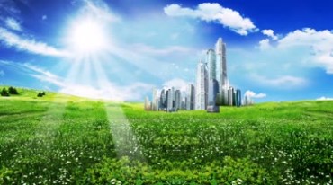 绿色清新草地风景卫星城市高楼视频素材