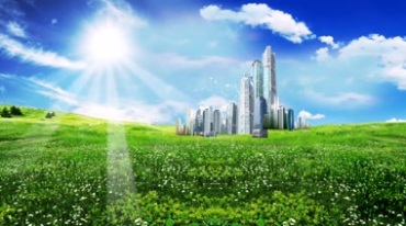绿色清新草地风景卫星城市高楼视频素材