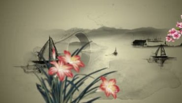 中国风水墨江南小桥流水帆船桃花盛开视频素材