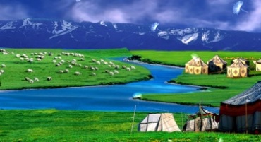 大草原河流蒙古包帐篷羊群秀丽美景视频素材