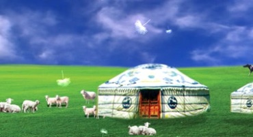 大草原河流蒙古包帐篷羊群秀丽美景视频素材