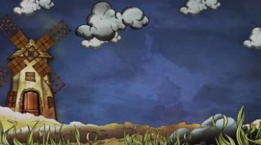 卡通大风车转动白云飘动卡通动画视频素材