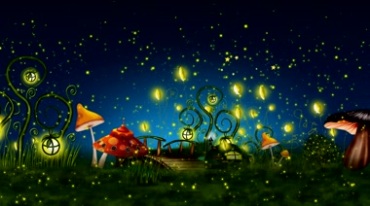 星空夜景草地蘑菇萤火虫闪光粒子动态背景视频素材