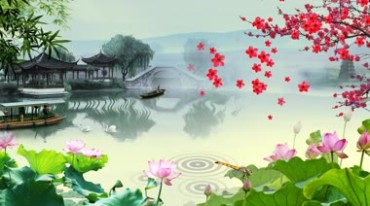 水墨江南园林荷花池塘小桥流水划船古典音乐视频素材