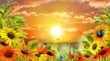 向日葵迎着朝阳，彩蝶飞舞视频素材