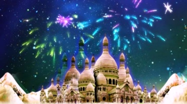 城堡宫殿天空绽放彩色烟花视频素材