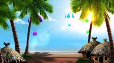 沙滩海滩椰子树草屋阳光照射海边风情视频素材