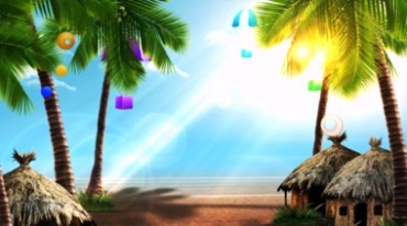 沙滩海滩椰子树草屋阳光照射海边风情视频素材