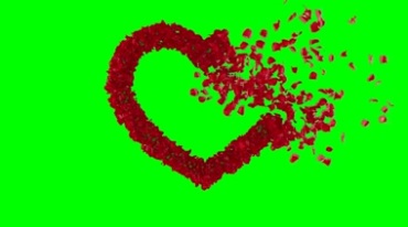 红花瓣组成的爱心图案，花瓣飘散绿屏特效视频素材