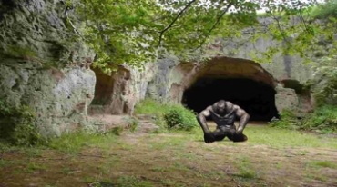 黑猩猩静坐在山洞口站起走动视频素材