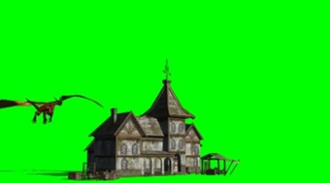 翼龙绕着房子城堡飞行绿幕免抠像影视特效视频素材