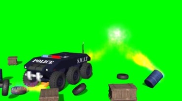 特警装甲车横冲直撞燃烧油桶绿幕抠像特效视频素材