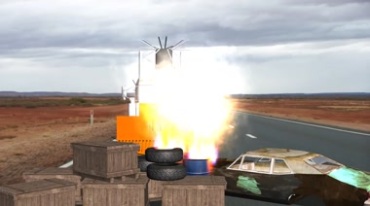 卡车撞开燃烧的路障绿布抠像影视特效视频素材