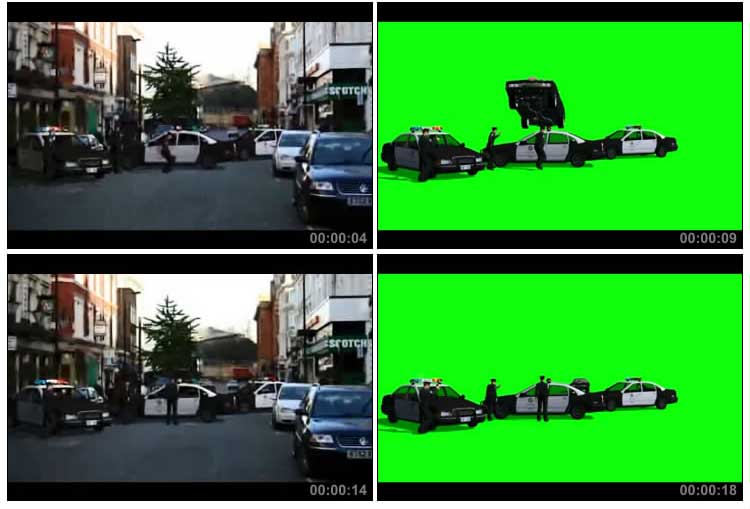 警车设置路障拦截小汽车飞越绿幕特效视频素材