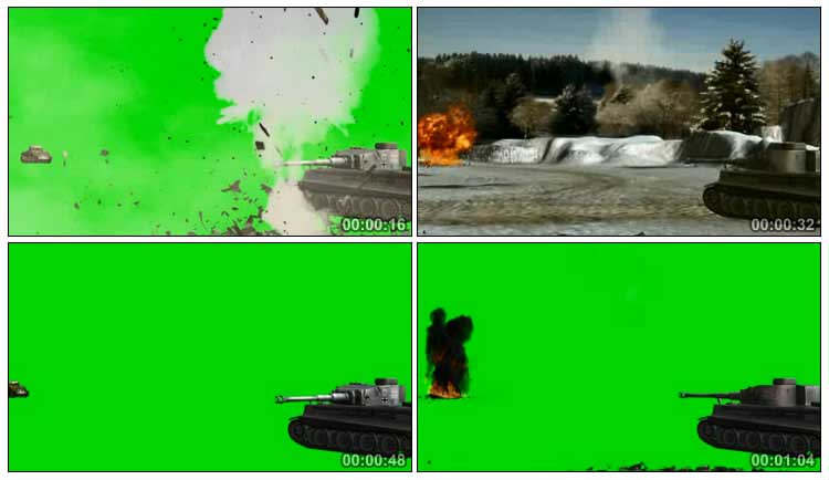 坦克战斗开火摧毁绿布抠像影视特效视频素材