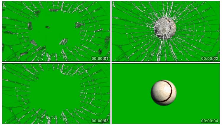 棒球飞来打破玻璃绿布免抠像影视特效视频素材