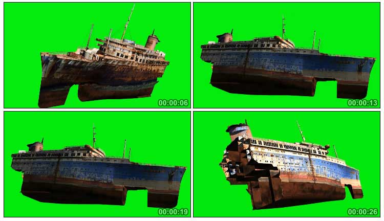 沉船旧船破船倾斜绿布免抠像影视特效视频素材