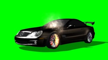 黑色奔驰汽车行驶轮胎着火冒烟绿布抠像特效视频素材
