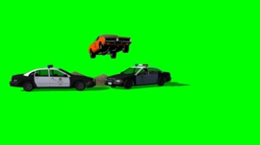 驾驶小汽车飞越警车路障逃跑绿屏抠像特效视频素材