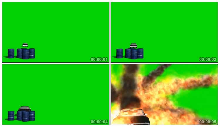 轿车撞开油桶起火爆炸绿布抠像特效视频素材