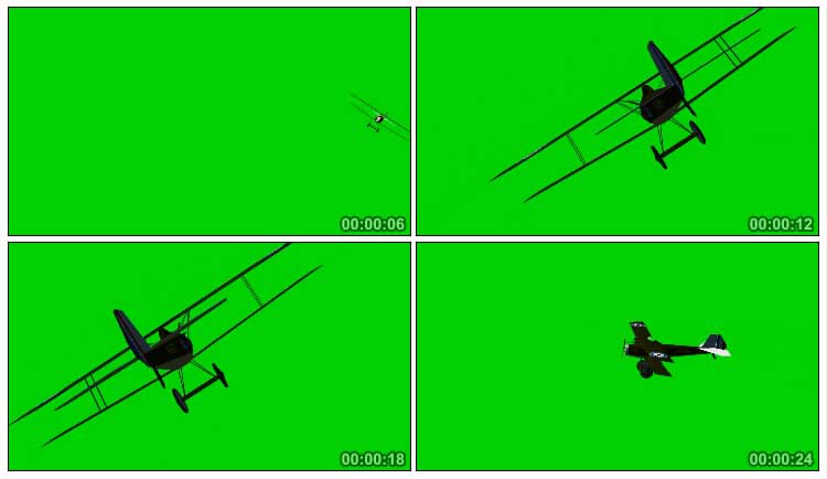 二战双翼飞机飞行绿屏抠像特效视频素材
